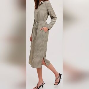Olive Pinstripe Button-Up Shirt Midi Shirt Dress